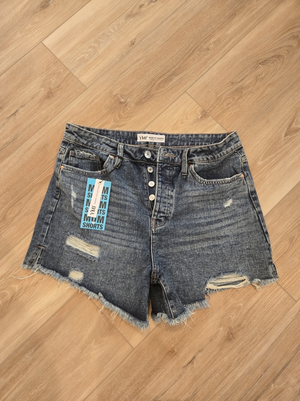 YMI Dark Blue Distressed High-Rise Denim Mom Shorts